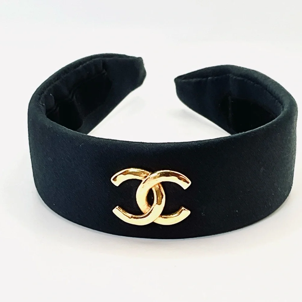 CHANEL Black Headband with Gold Logo Accent